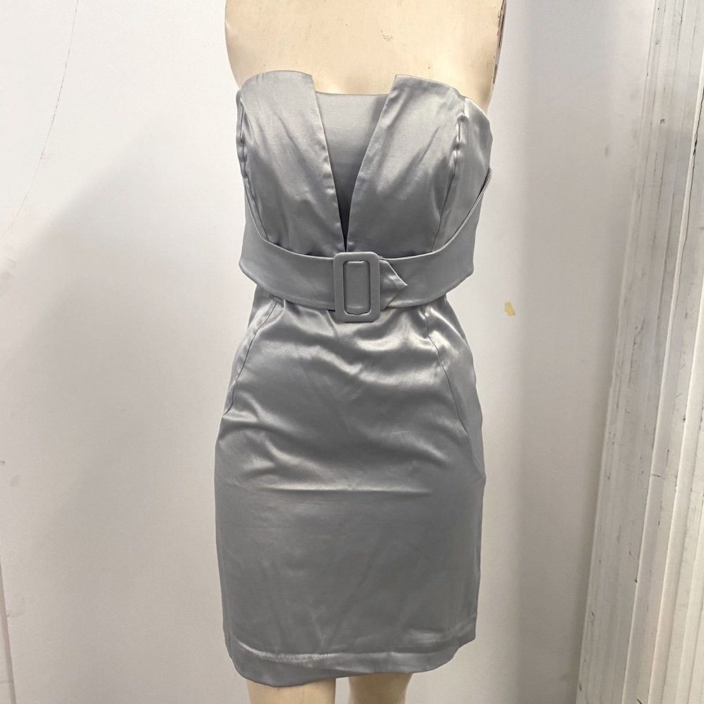 Grey Strapless Belted Cocktail Dress
